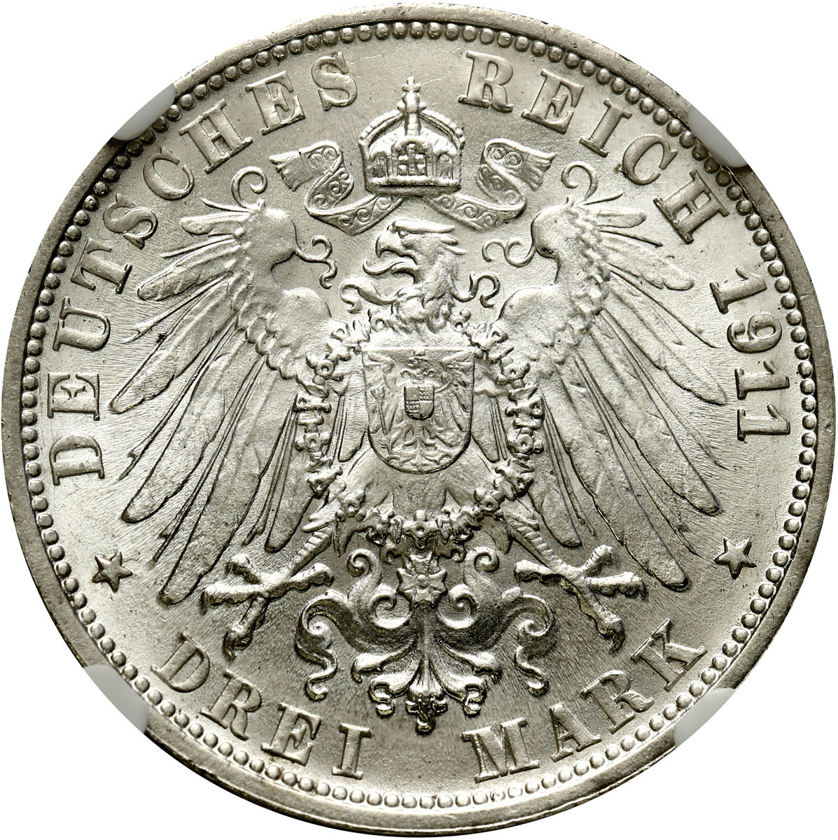 Niemcy, Wirtembergia. 3 marki 1911 F, Stuttgart NGC MS66 (2 MAX) - PIĘKNE